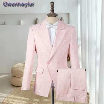 GwenhwyfarMen ' s Pink Jaquard Oficialų Kostiumą, Pasiekė Atvartas Vieną Krūtinėmis Groomsmen Tuxedos, pagal Užsakymą Pagaminti Kietojo Slim Terno Masculino