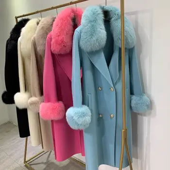 2020 m. Žiemos Stora Striukė Plonas Diržas Ponios Streetwear Natūrali Lapės Kailio Apykaklė Vilnos dvigubas, su kuriomis susiduria kailis Šiltas Kašmyras viršutinių drabužių siuvimas