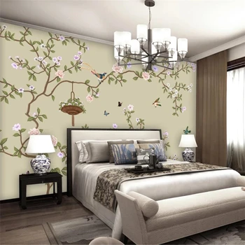 Užsakymą tapetai, 3d foto freskos naujas Kinijos ranka-dažytos gėlės ir paukščiai TELEVIZIJA miegamojo sienos ranka-dažytos slyvų freskos 3D tapetai