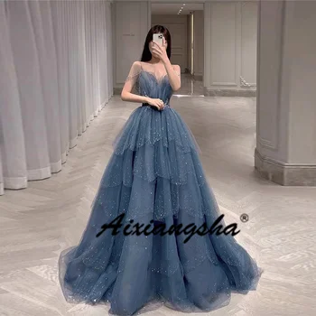 2022 Blizgančių Dulkių Mėlynos spalvos Tiulio Sluoksnių Sijonas Prom Dresses Spagečiai Dirželiai Brangioji 3D Gėlės China Ilgai Vakare Gown