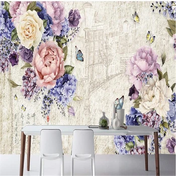 beibehang 3d custom foto tapetai, sienų freskomis lipdukai Retro meno rankomis dažyti gėlių drugelis fone sienos dokumentų namų dekoro