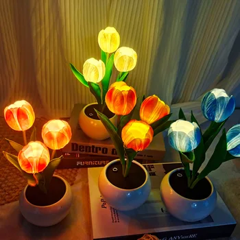 USB Įkrovimo Tulpių Naktį Šviesos diodų (LED) Modeliavimo Gėlių Kūrybos Lentelė Šviesiai Dekoruoti Miegamojo Puošmena Atmosfera Šviesos