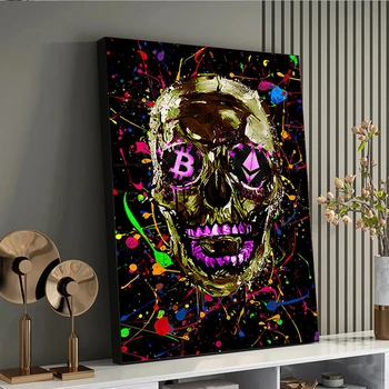 Abstrakti Kaukolė Grafiti Bitcoin Meno Tapybos Drobės Plakatai ir Spausdina Sienos Meno Nuotrauką Kambarį Namo Apdaila