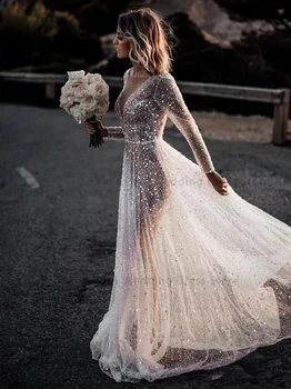 Prabangus Putojantis Nuotakos Suknelės Seksualus Giliai V-kaklo, ilgomis Rankovėmis-line Nėrinių Backless Princesė, Vestuvinių Suknelių 2023 Vestido De Noiva